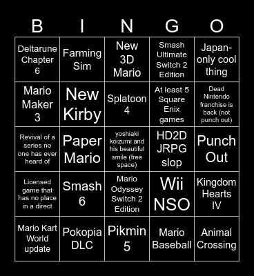 NINTENDO DIRECT 9/9/2026 Bingo Card