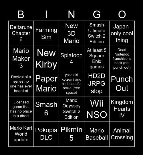 NINTENDO DIRECT 9/9/2026 Bingo Card