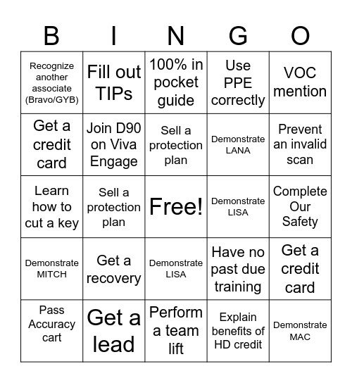 Cashier BINGO Card