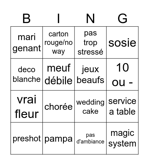 mariage Bingo Card