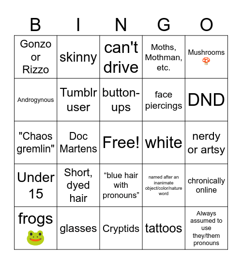Nonbinary Stereotype Bingo Card