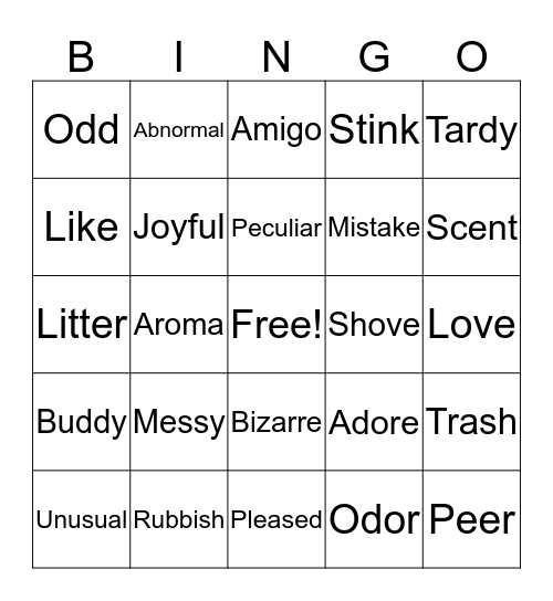 Synonym Bingo Card