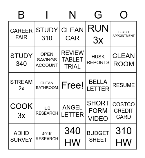 To Do Bingo Card