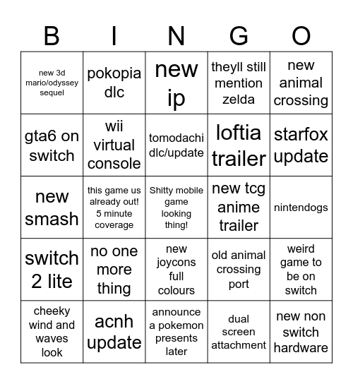 nintendo direct Bingo Card