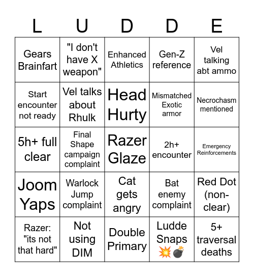 The Ludde Kudde Shudde Bingo Card