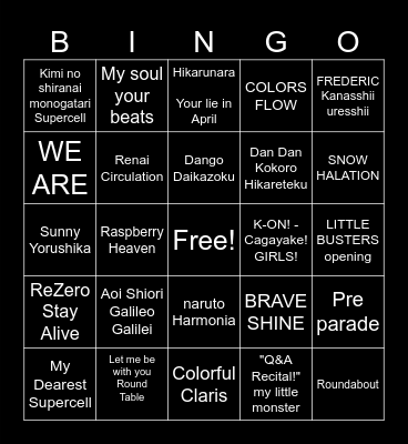 Anime Encore Karaoke Relay!!!! Bingo Card