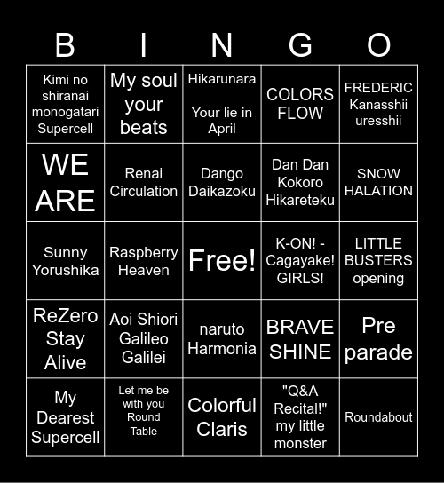 Anime Encore Karaoke Relay!!!! Bingo Card
