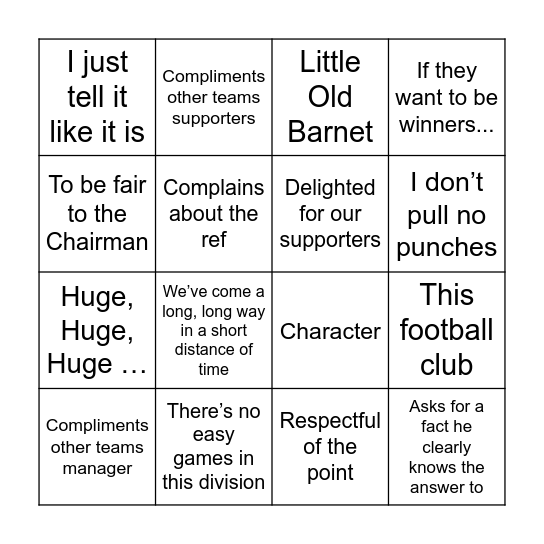 Dean Brennan Bingo Card