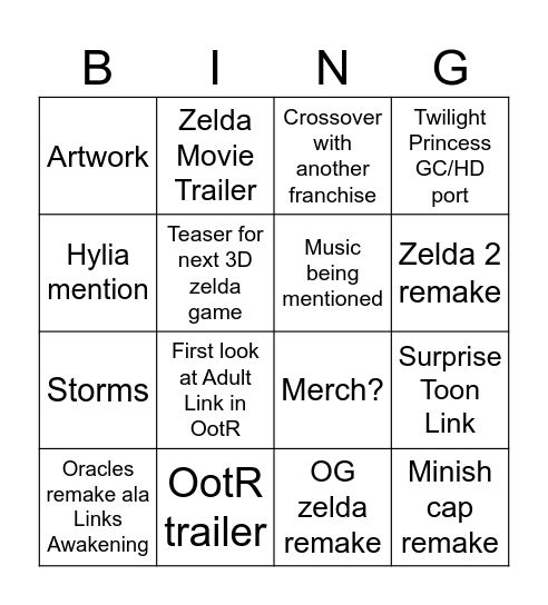 Zelda Bingo Card