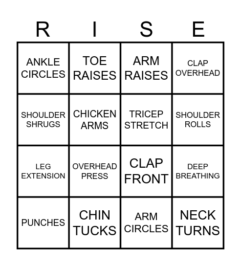 EXERCISE BINGO Card