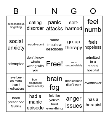 Mentally Ill Bingo Card