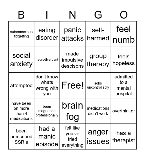 Mentally Ill Bingo Card