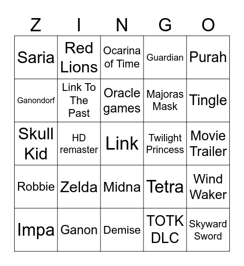 Zelda Direct Bingo Card