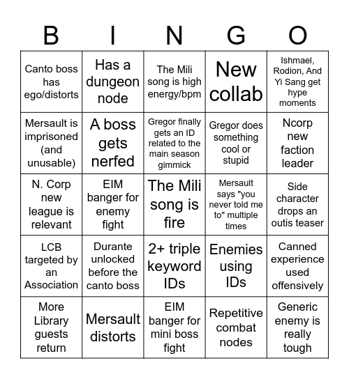 Season IX bingo Card