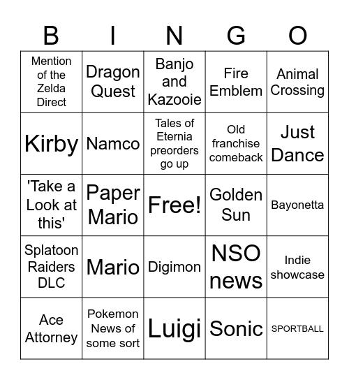 Nintendo Direct Bingo Card