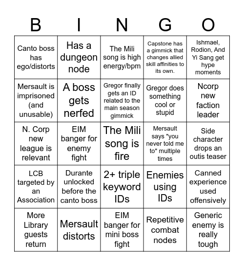 Season IX bingo Card