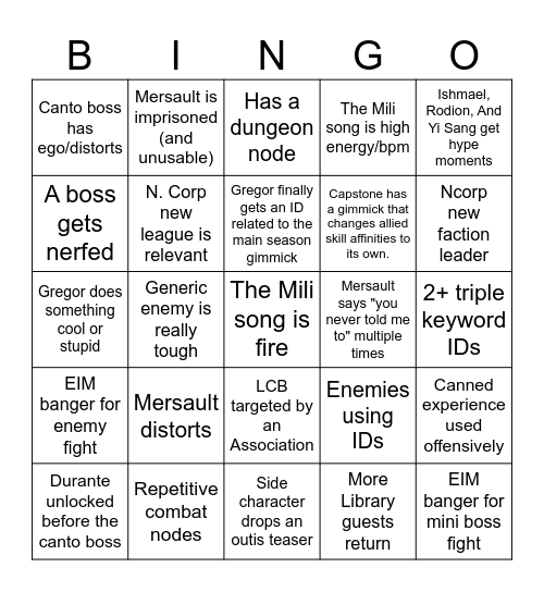 Season IX bingo Card