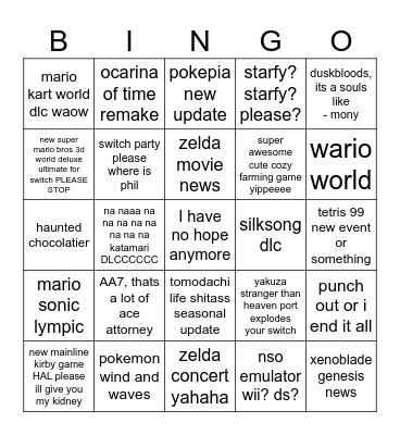 Nintendo Direct + Zelda Direct Bingo Card