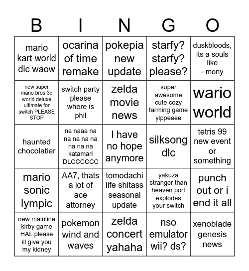Nintendo Direct + Zelda Direct Bingo Card