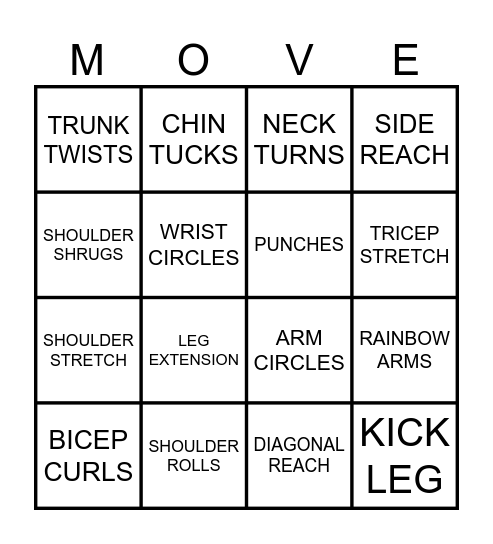 EXERCISE BINGO Card
