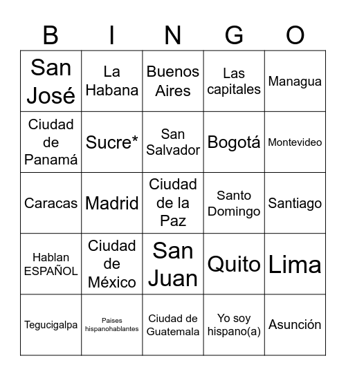 CAPITALES DE PAISES HISPANOHABLANTES Bingo Card