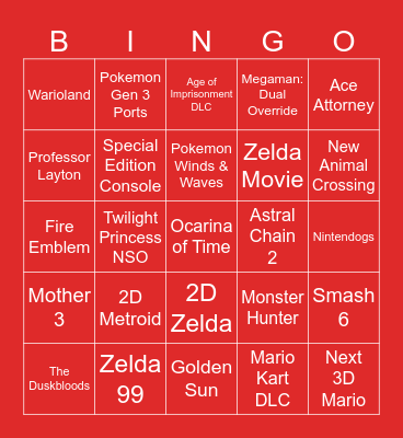 Zelda/General Directs Bingo Card