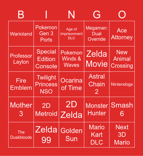 Zelda/General Directs Bingo Card