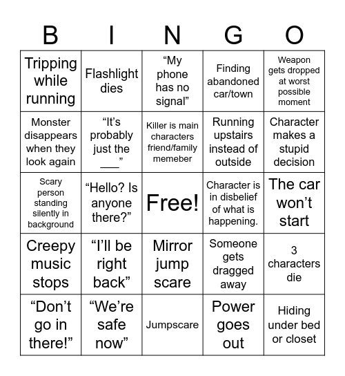 HORROR MOVIE BINGO Card
