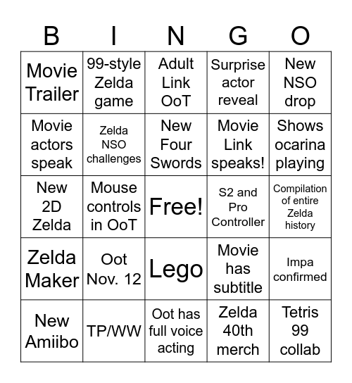 ZELDA 40th DIRECT Bingo Card