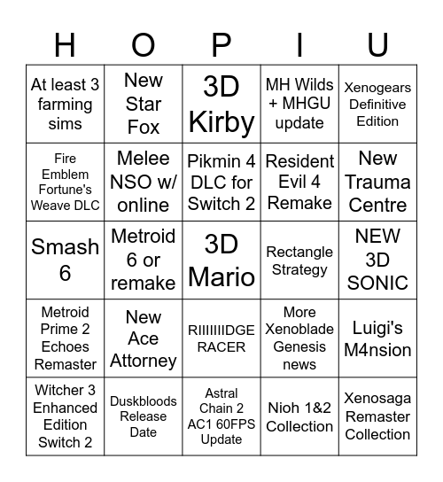 2026 September Nintendo Direct Bingo Card