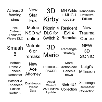 2026 September Nintendo Direct Bingo Card