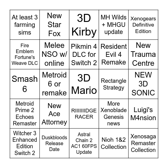2026 September Nintendo Direct Bingo Card