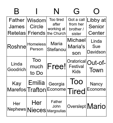 Reasons Why She Could Not Make It to Church  Bingo Card