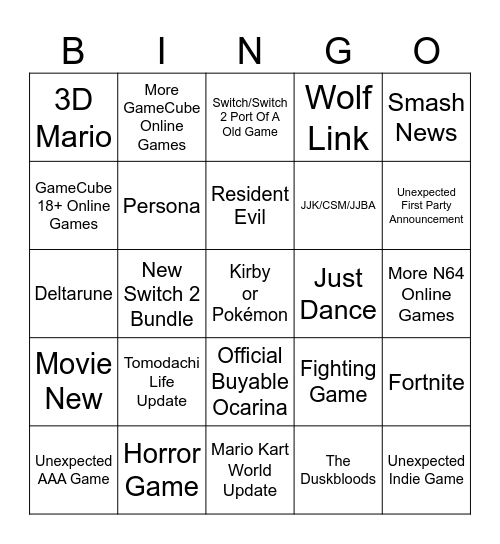 September 8th & 9th Nintendo Direct Bingo Card