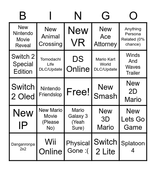 September 9th Nintendo Direct Bingo Card