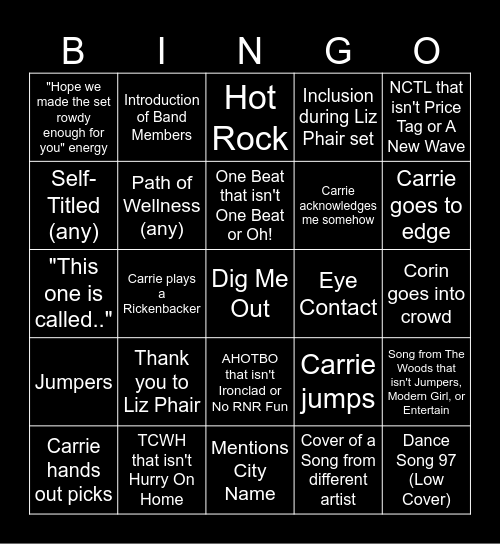 Sleater-Kinney Bingo (2026) Bingo Card