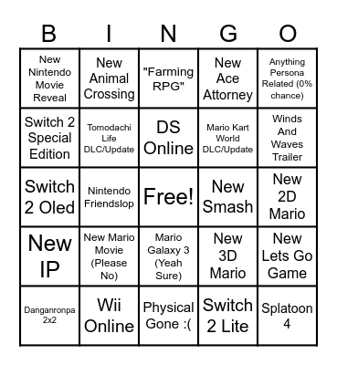September 9th Nintendo Direct Bingo Card