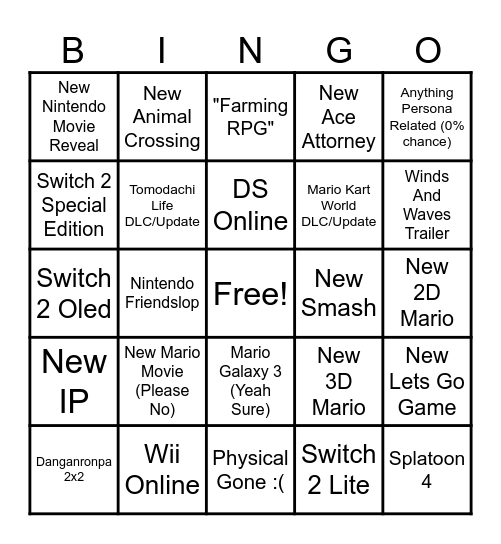 September 9th Nintendo Direct Bingo Card