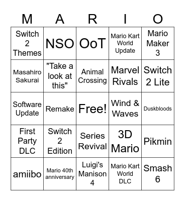 Nintendo Direct Bingo Card