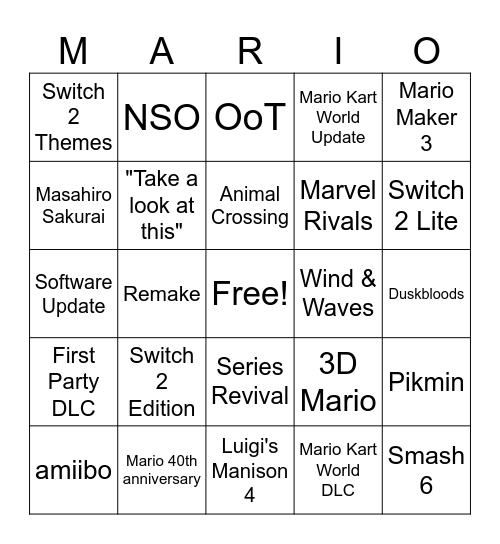 Nintendo Direct Bingo Card
