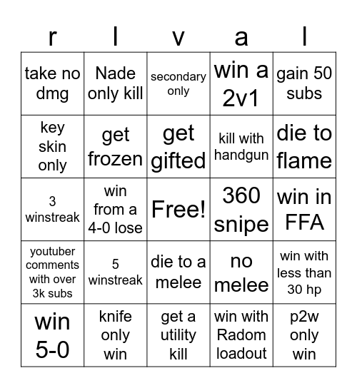 rivals bingo challange Bingo Card