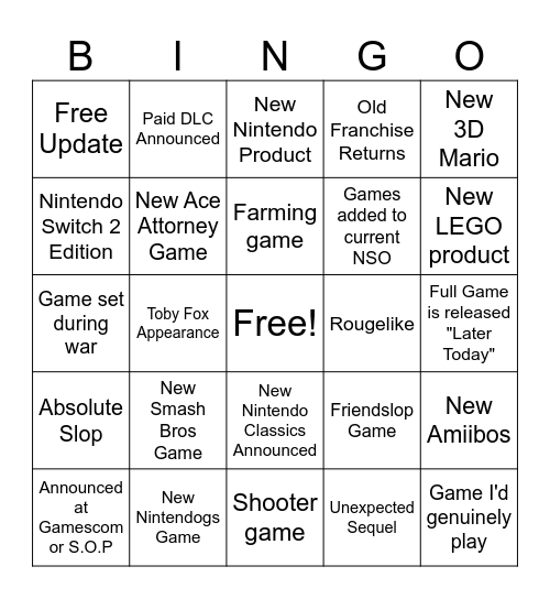 Nintendo Direct (9/9/2026) Bingo Card