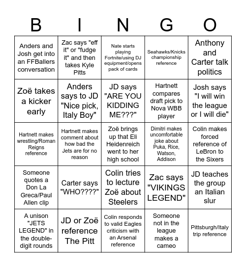 JD CARD Bingo Card