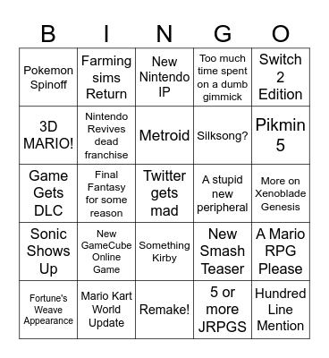 9/9/26 Nintendo Direct Bingo! Bingo Card