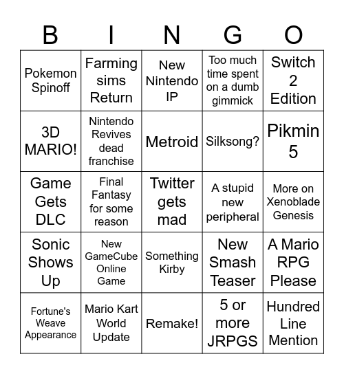 9/9/26 Nintendo Direct Bingo! Bingo Card
