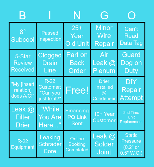 HVAC Bingo Card