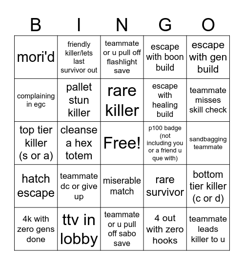 DBD SURVIVOR BINGO Card