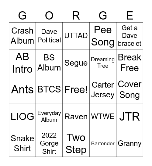 Gorge N2 Bingo Card
