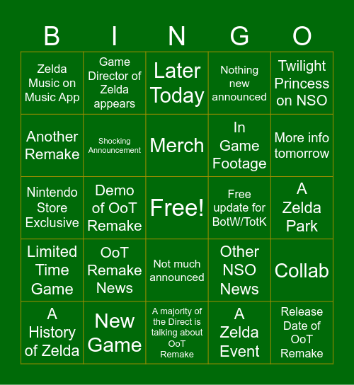 Legend of Zelda 40th Direct Bingo Card