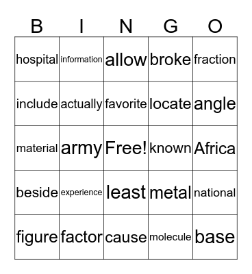 Vocabulary  Bingo 2  Bingo Card